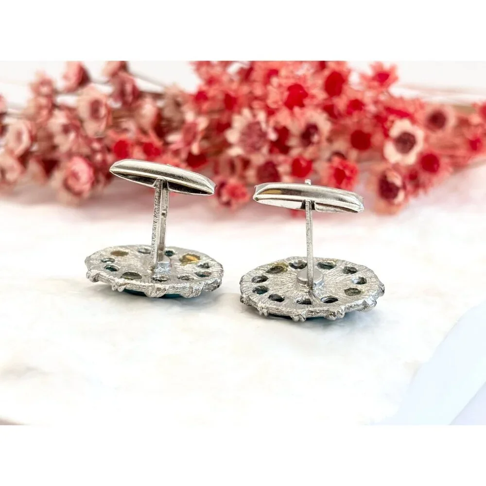 Faux Turquoise Silver Toned 80's Style Retro Oval Shaped Vintage Cuff Links